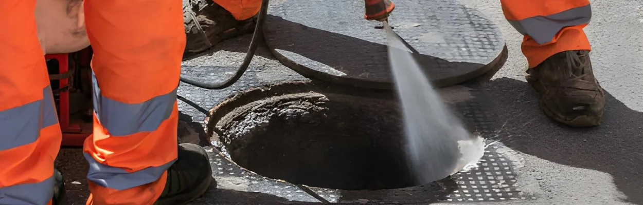 Professional drain cleaning equipment beside a plumbing drain line